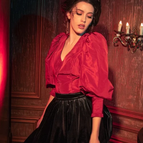 FINAL SALE - Taffeta Edwardian Blouse In Crimson Red -Elegant Ladies Wear Crimson Tafetta Top 6