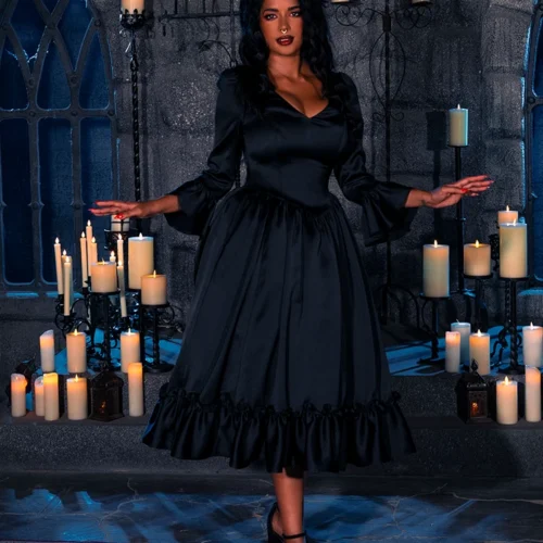 Dark Romance Satin Bustle Dress In Black 20 Dark Romance Satin Bustle Dress In Black -Elegant Ladies Wear Dark Romance Dress Black 12