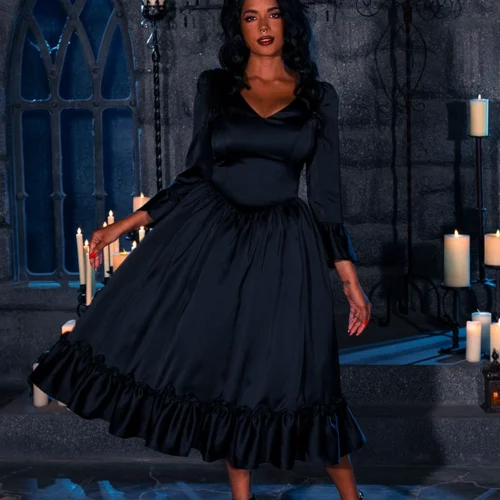 Dark Romance Satin Bustle Dress In Black 28 Dark Romance Satin Bustle Dress In Black -Elegant Ladies Wear Dark Romance Dress Black 13