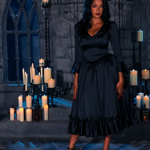 Dark Romance Satin Bustle Dress In Black 23 Dark Romance Satin Bustle Dress In Black -Elegant Ladies Wear Dark Romance Dress Black 14