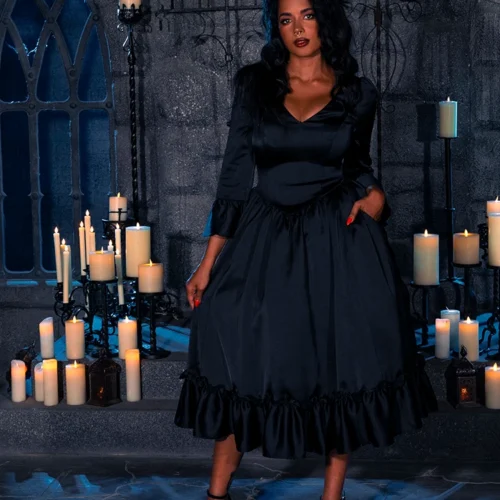 Dark Romance Satin Bustle Dress In Black 21 Dark Romance Satin Bustle Dress In Black -Elegant Ladies Wear Dark Romance Dress Black 15