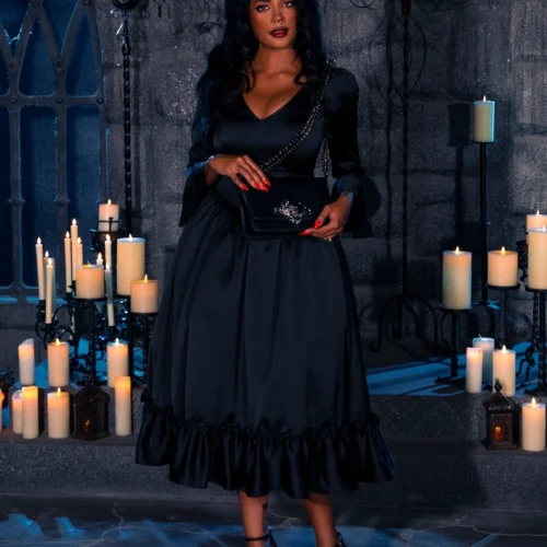 Dark Romance Satin Bustle Dress In Black 27 Dark Romance Satin Bustle Dress In Black -Elegant Ladies Wear Dark Romance Dress Black 20