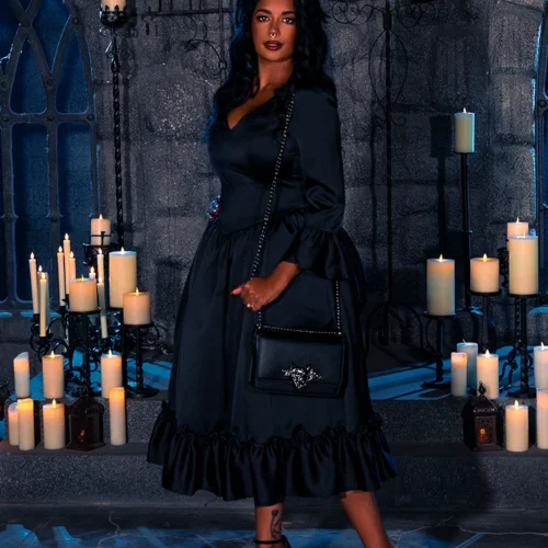 Dark Romance Satin Bustle Dress In Black 31 Dark Romance Satin Bustle Dress In Black -Elegant Ladies Wear Dark Romance Dress Black 21