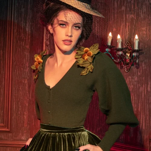 CRIMSON PEAK™ Edith Victorian Knit Cardigan In Olive -Elegant Ladies Wear Edith Cardigan 2