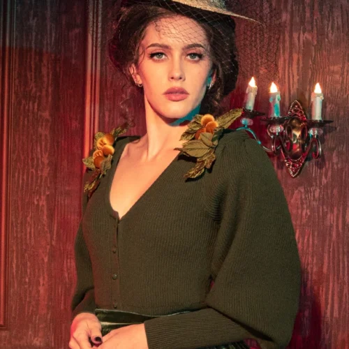 CRIMSON PEAK™ Edith Victorian Knit Cardigan In Olive -Elegant Ladies Wear Edith Cardigan 3