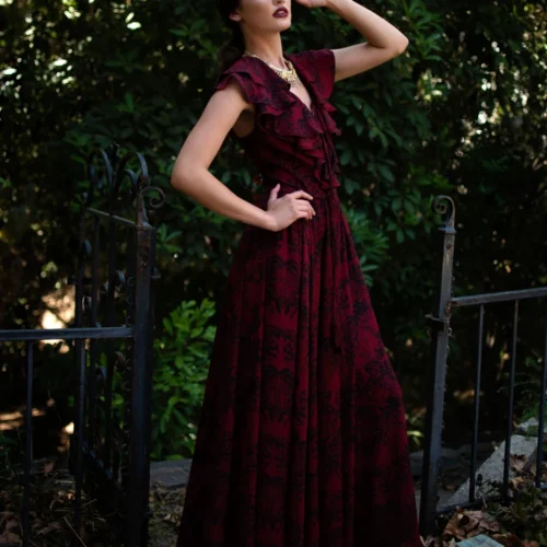 FINAL SALE - Mythical Goddess Gown In Oxblood Gorgon Print By Natalie Hall -Elegant Ladies Wear Gorgon Maxi 3