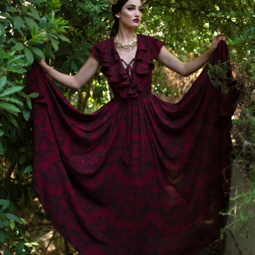 FINAL SALE - Mythical Goddess Gown In Oxblood Gorgon Print By Natalie Hall -Elegant Ladies Wear Gorgon Maxi 6