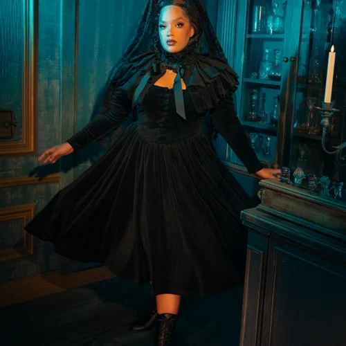 Haunted Beauty Victorian Mourning Dress With Capelet In Black -Elegant Ladies Wear Haunted Beauty Dress 13