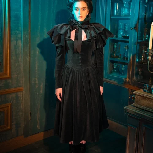 Haunted Beauty Victorian Mourning Dress With Capelet In Black -Elegant Ladies Wear Haunted Beauty Dress 28