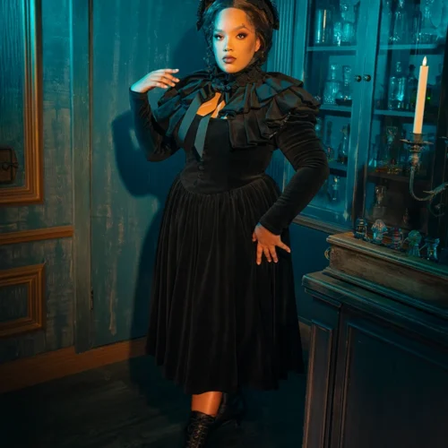 Haunted Beauty Victorian Mourning Dress With Capelet In Black -Elegant Ladies Wear Haunted Beauty Dress 7