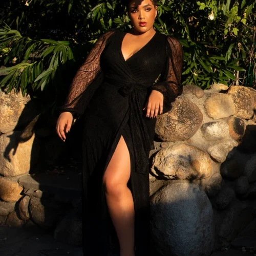 Black Widow Wrap Gown In Black Lace