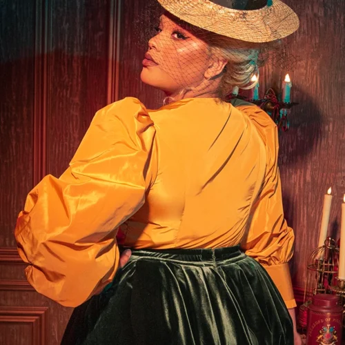 FINAL SALE - Taffeta Edwardian Blouse In Marigold -Elegant Ladies Wear Mariold Tafetta Top 1
