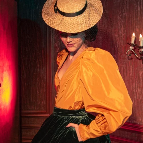 FINAL SALE - Taffeta Edwardian Blouse In Marigold -Elegant Ladies Wear Mariold Tafetta Top 10