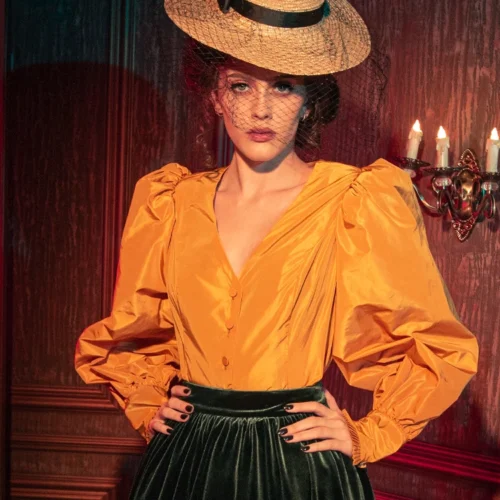 FINAL SALE - Taffeta Edwardian Blouse In Marigold -Elegant Ladies Wear Mariold Tafetta Top 11