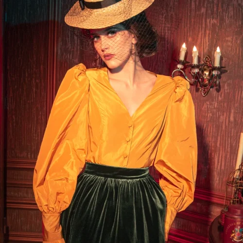 FINAL SALE - Taffeta Edwardian Blouse In Marigold -Elegant Ladies Wear Mariold Tafetta Top 12