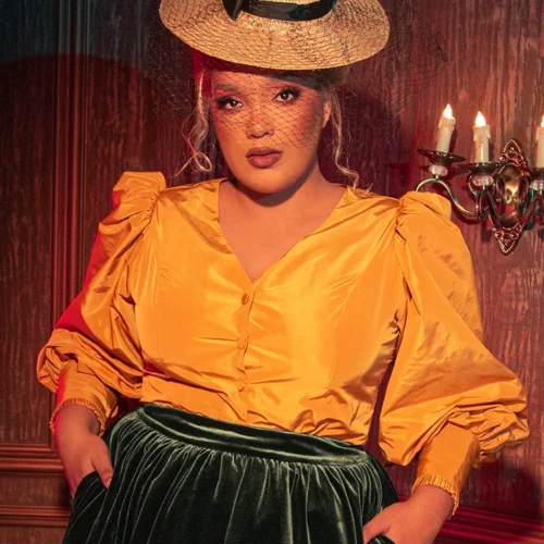 FINAL SALE - Taffeta Edwardian Blouse In Marigold -Elegant Ladies Wear Mariold Tafetta Top 3