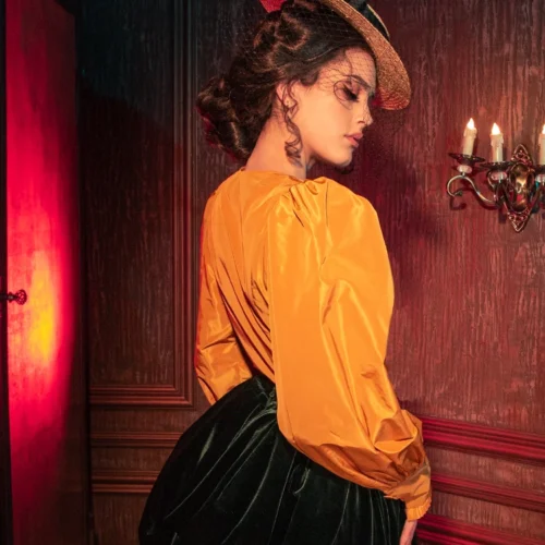 FINAL SALE - Taffeta Edwardian Blouse In Marigold -Elegant Ladies Wear Mariold Tafetta Top 9