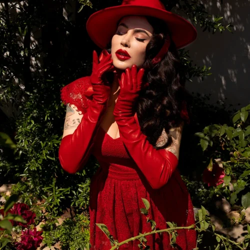 Faux Leather Opera Gloves In Crimson