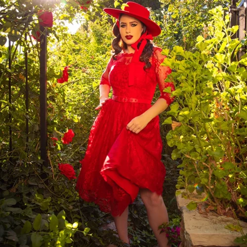 FINAL SALE - Mourning Dress In Crimson Lace -Elegant Ladies Wear Red Mourning Dress 4