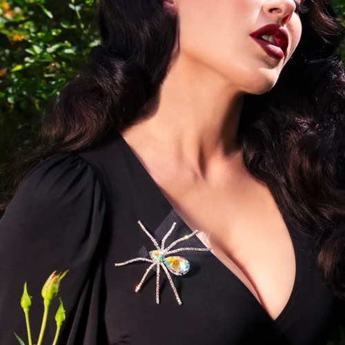 FINAL SALE - Black Widow Rhinestone Spider Brooch - AURORA BOREALIS