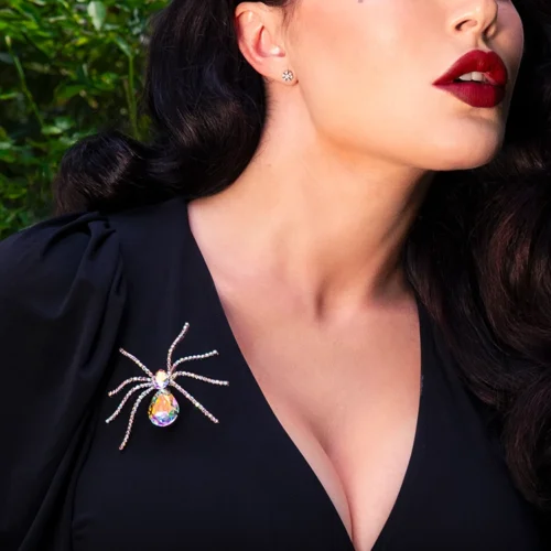 FINAL SALE - Spider Baby Rhinestone Spider Brooch - AURORA BOREALIS