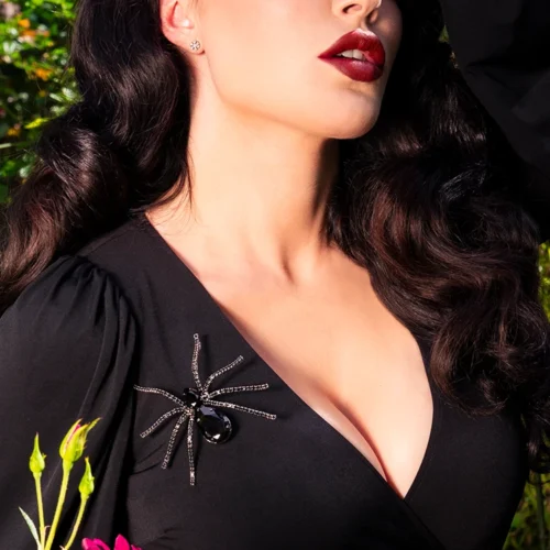 FINAL SALE - Black Widow Rhinestone Spider Brooch - BLACK