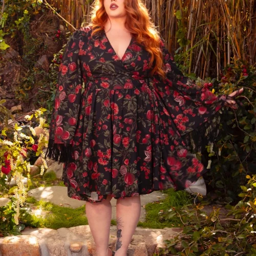 FINAL SALE - Styx Wrap Dress With Fringe In Pomegranate Print -Elegant Ladies Wear Styx Dress Pom 14