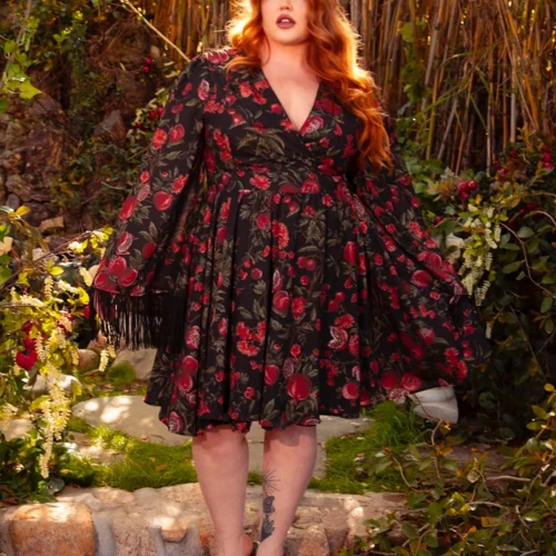 FINAL SALE - Styx Wrap Dress With Fringe In Pomegranate Print -Elegant Ladies Wear Styx Dress Pom 17