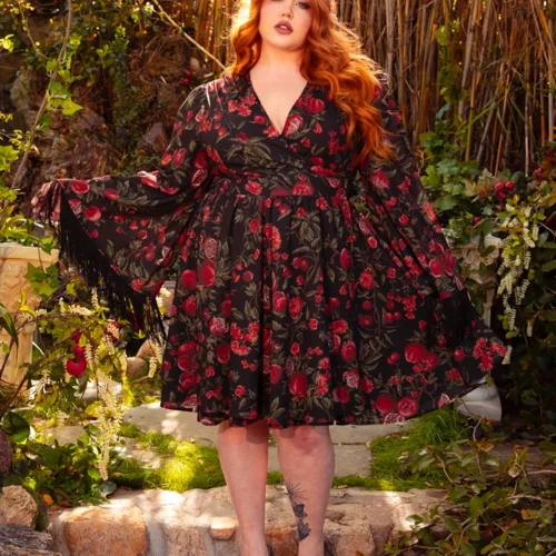 FINAL SALE - Styx Wrap Dress With Fringe In Pomegranate Print -Elegant Ladies Wear Styx Dress Pom 21