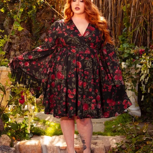 FINAL SALE - Styx Wrap Dress With Fringe In Pomegranate Print -Elegant Ladies Wear Styx Dress Pom 22