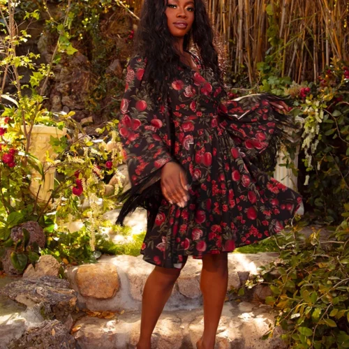 FINAL SALE - Styx Wrap Dress With Fringe In Pomegranate Print -Elegant Ladies Wear Styx Pom 4