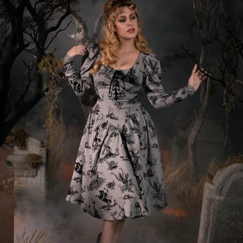 Sleepy Hollow™ Gothic Tales Toile Swing Dress In Grey -Elegant Ladies Wear Toile Swing 10