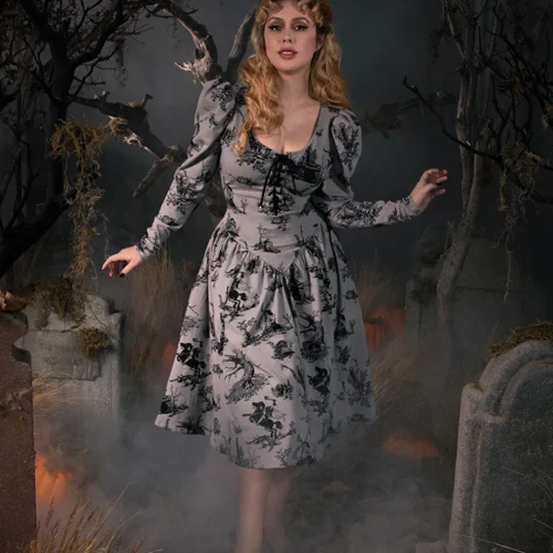 Sleepy Hollow™ Gothic Tales Toile Swing Dress In Grey -Elegant Ladies Wear Toile Swing 8
