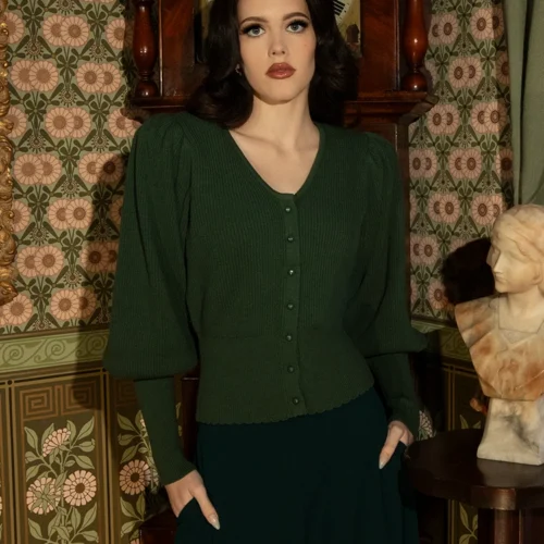Victorian Knit Cardigan In Hunter Green -Elegant Ladies Wear Victorian Buttomn Up Green 11