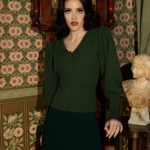 Victorian Knit Cardigan In Hunter Green -Elegant Ladies Wear Victorian Buttomn Up Green 12
