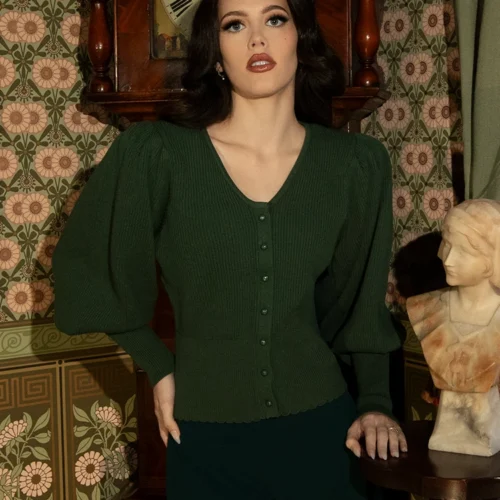 Victorian Knit Cardigan In Hunter Green -Elegant Ladies Wear Victorian Buttomn Up Green 13