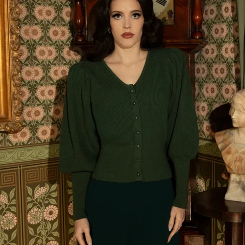 Victorian Knit Cardigan In Hunter Green -Elegant Ladies Wear Victorian Buttomn Up Green 14