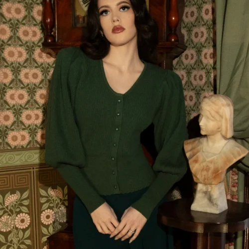 Victorian Knit Cardigan In Hunter Green -Elegant Ladies Wear Victorian Buttomn Up Green 15