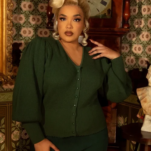 Victorian Knit Cardigan In Hunter Green -Elegant Ladies Wear Victorian Buttomn Up Green 4