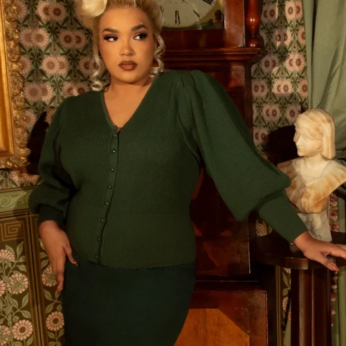 Victorian Knit Cardigan In Hunter Green -Elegant Ladies Wear Victorian Buttomn Up Green 6