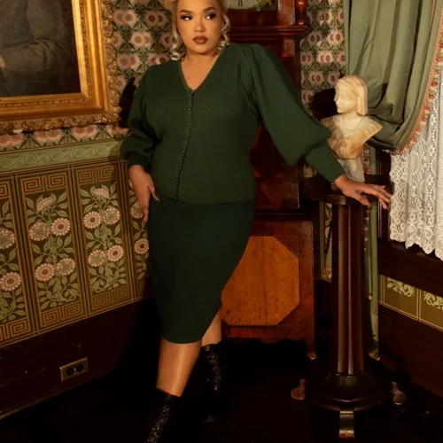 Victorian Knit Cardigan In Hunter Green -Elegant Ladies Wear Victorian Buttomn Up Green 9