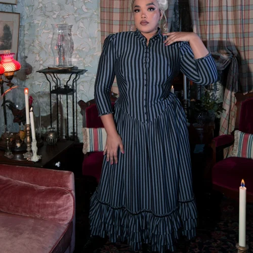 Victorian Dress In Black And Gray Stripes -Elegant Ladies Wear Victorian Grey Stripe 11