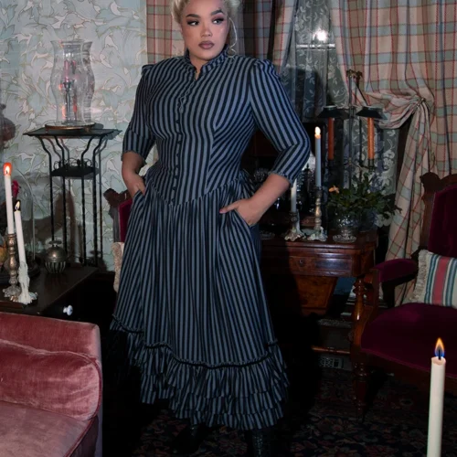 Victorian Dress In Black And Gray Stripes -Elegant Ladies Wear Victorian Grey Stripe 12