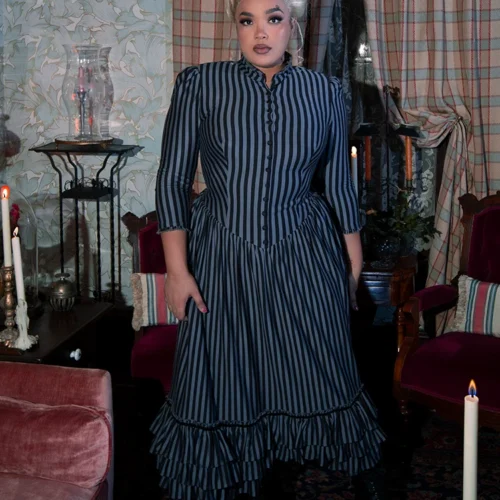 Victorian Dress In Black And Gray Stripes -Elegant Ladies Wear Victorian Grey Stripe 3