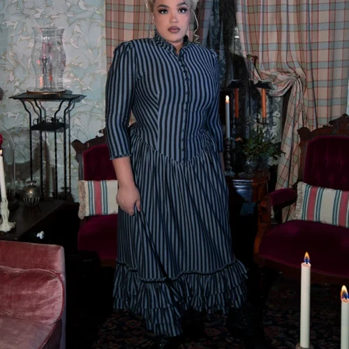 Victorian Dress In Black And Gray Stripes -Elegant Ladies Wear Victorian Grey Stripe 5