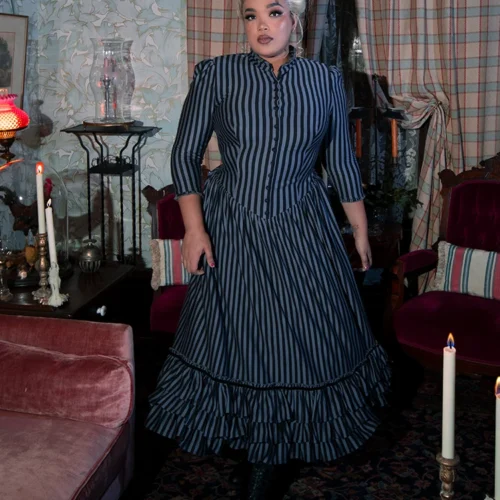 Victorian Dress In Black And Gray Stripes -Elegant Ladies Wear Victorian Grey Stripe 7