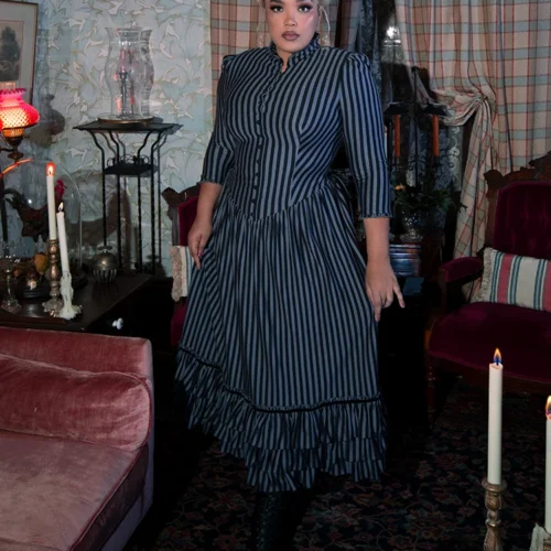 Victorian Dress In Black And Gray Stripes -Elegant Ladies Wear Victorian Grey Stripe 9