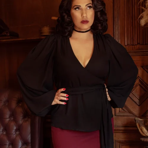 Georgette Wrap Top In Black -Elegant Ladies Wear Wrap Blouse Black 3