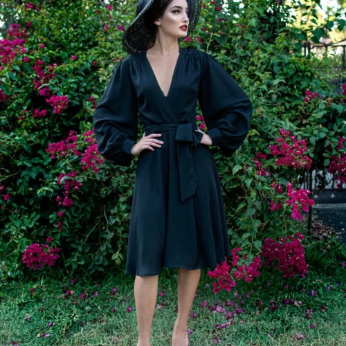 Faux Wrap Dress In Black 7 Faux Wrap Dress In Black -Elegant Ladies Wear Wrap Dress BK 3